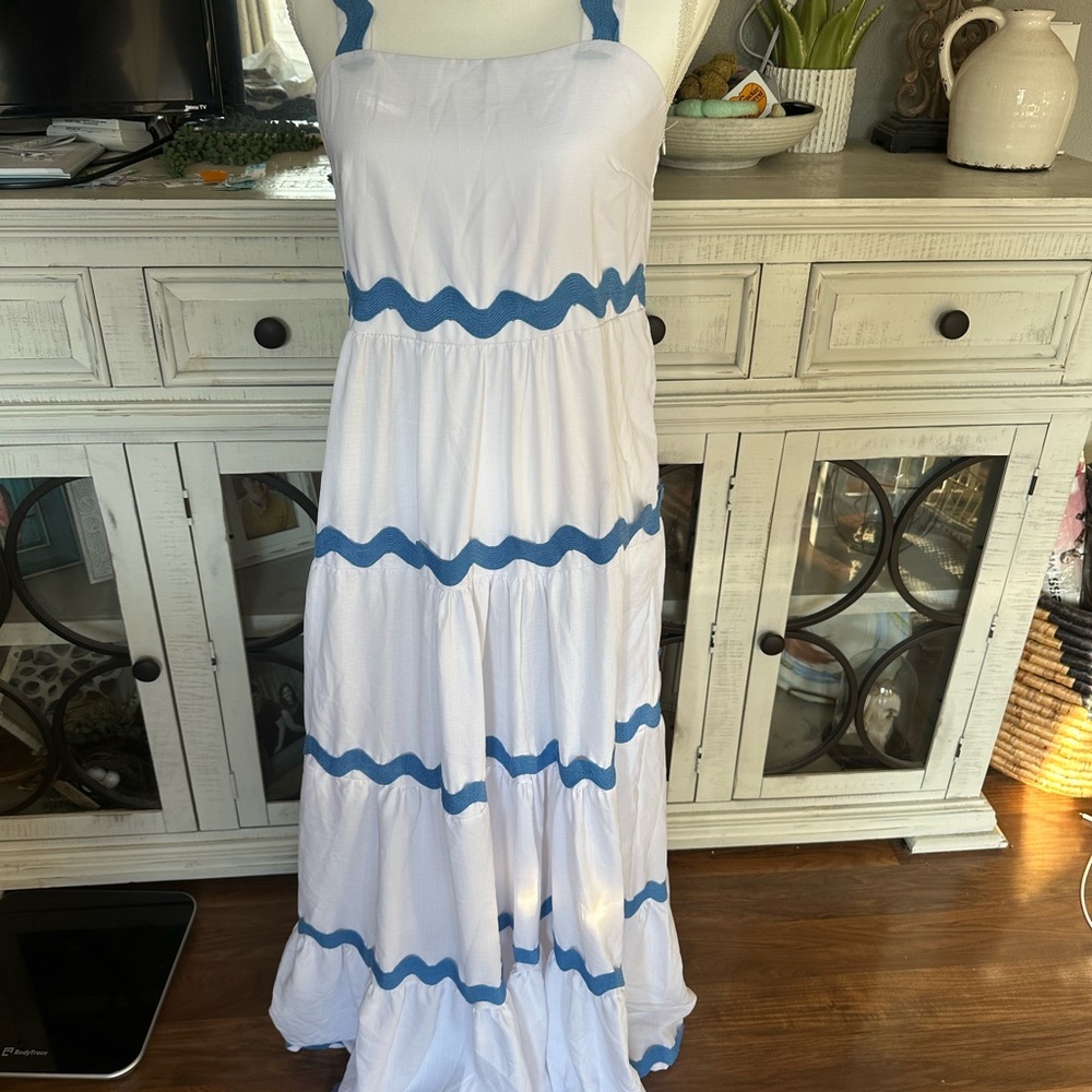 Elegant White and Blue Maxi Dress